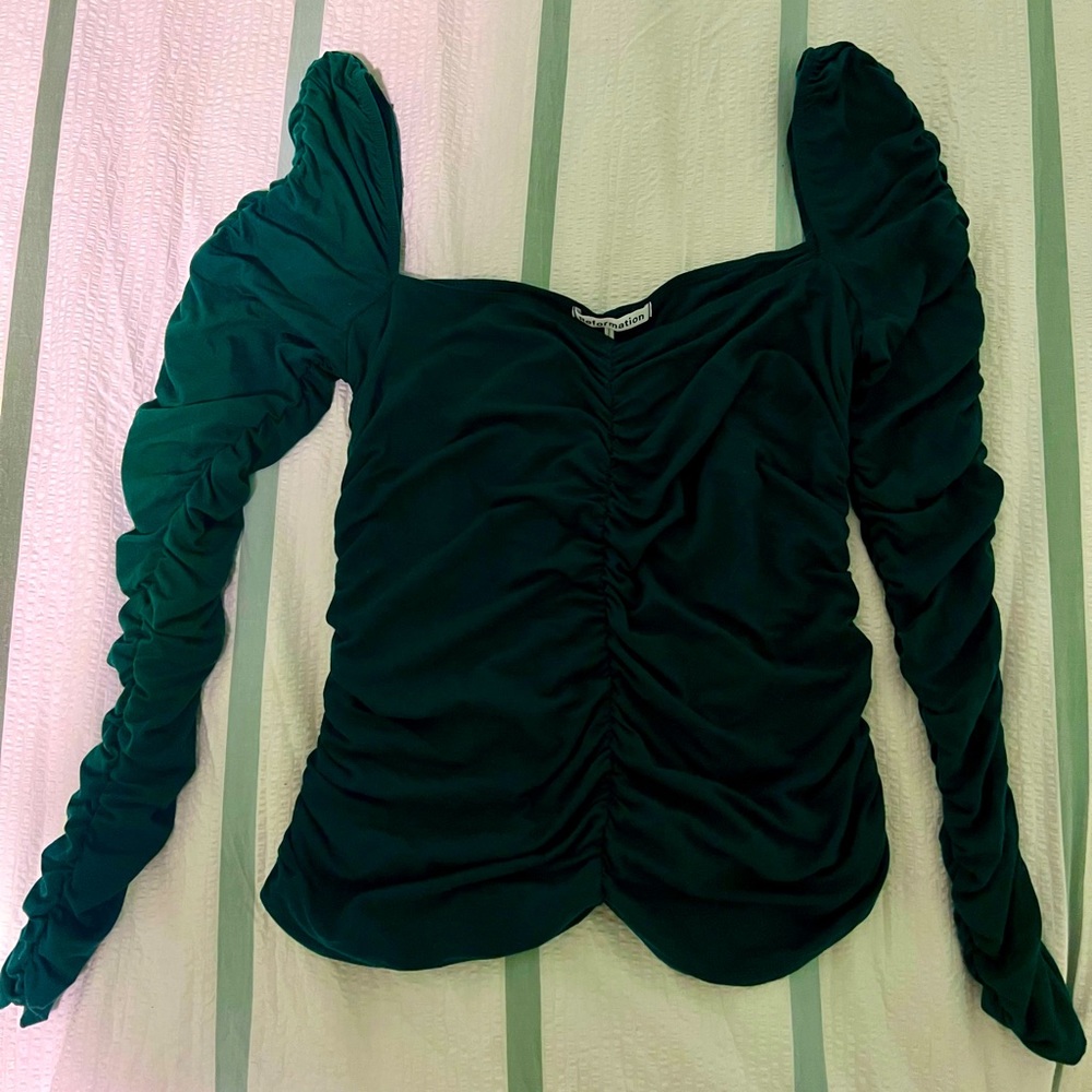 Reformation Esra Emerald Green Queen Anne Ruched Knit Top Size XL